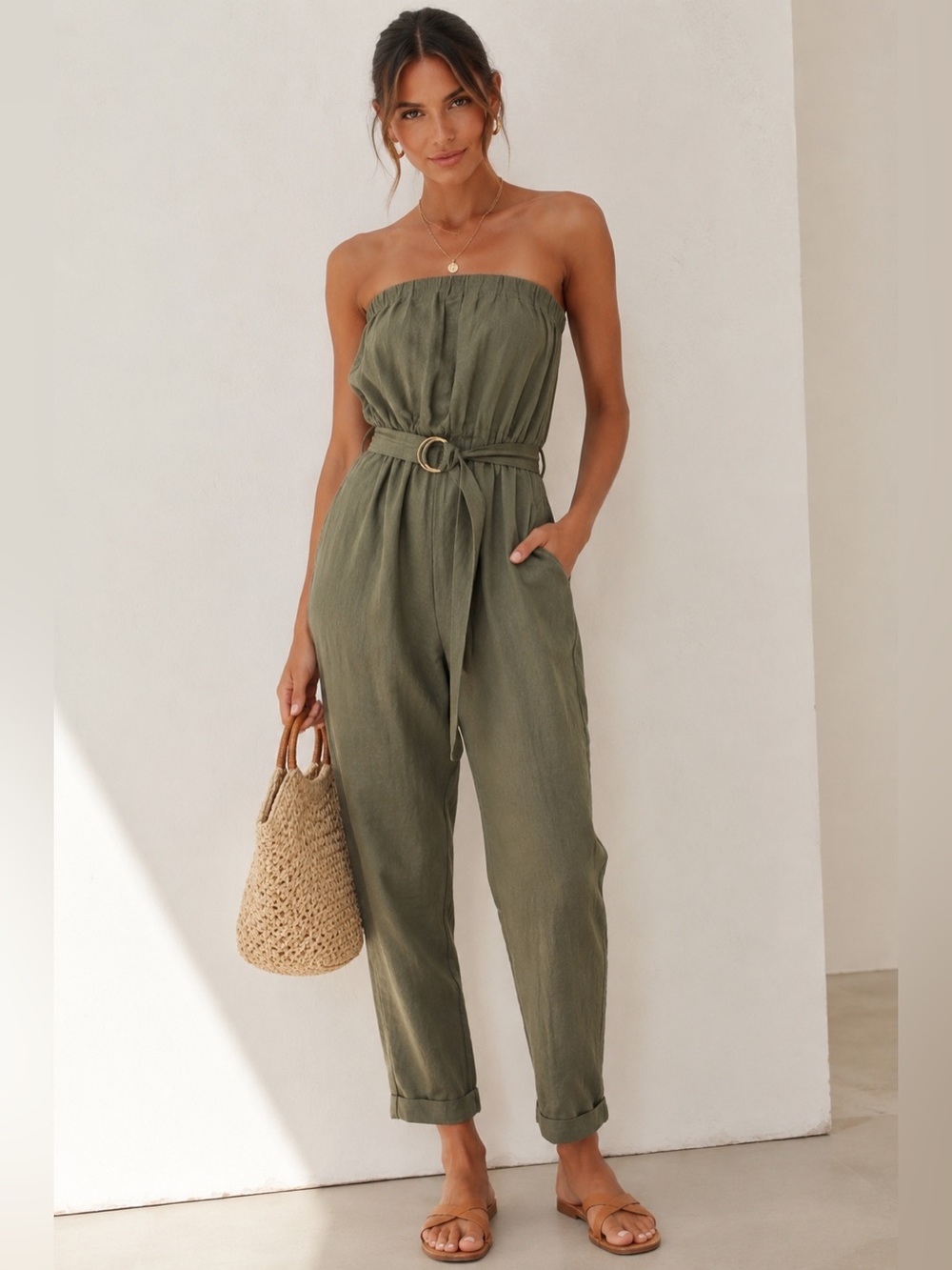 NWT- Linen Blend Zara Olive Strapless Belted Jumpsuit